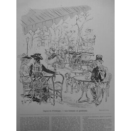 1890 BARS CAFES TERRASSES REMPLISSENT SIGNE PRINTEMPS DESSIN F LUNEL