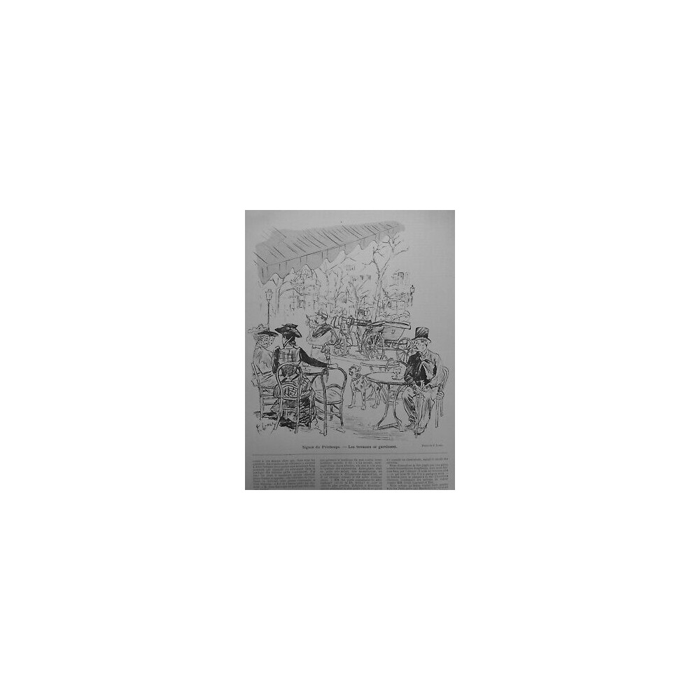 1890 BARS CAFES TERRASSES REMPLISSENT SIGNE PRINTEMPS DESSIN F LUNEL