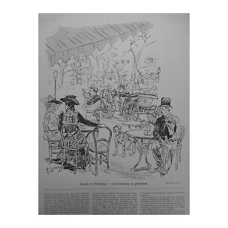 1890 BARS CAFES TERRASSES REMPLISSENT SIGNE PRINTEMPS DESSIN F LUNEL