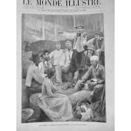 1893 MI FORET PAUSE CASSE CROUTE PAYSAN JOUEUR VIOLON MUSIQUE BOEUFS
