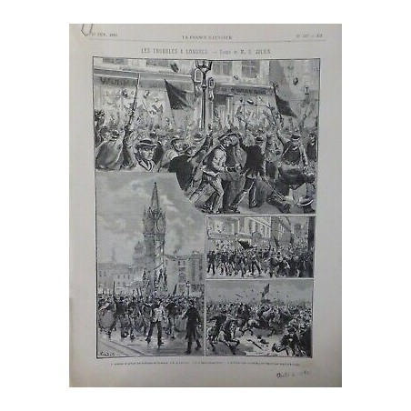 1886 FI TROUBLES LONDRES PILLAGE BIJOUTERIE MEETING DISPERSE POLICE CHEVAL