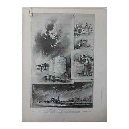 1889 FI CATASTROPHE ANVERS PETROLE FEU MAISONS DETRUITES DESSIN M.THADEE