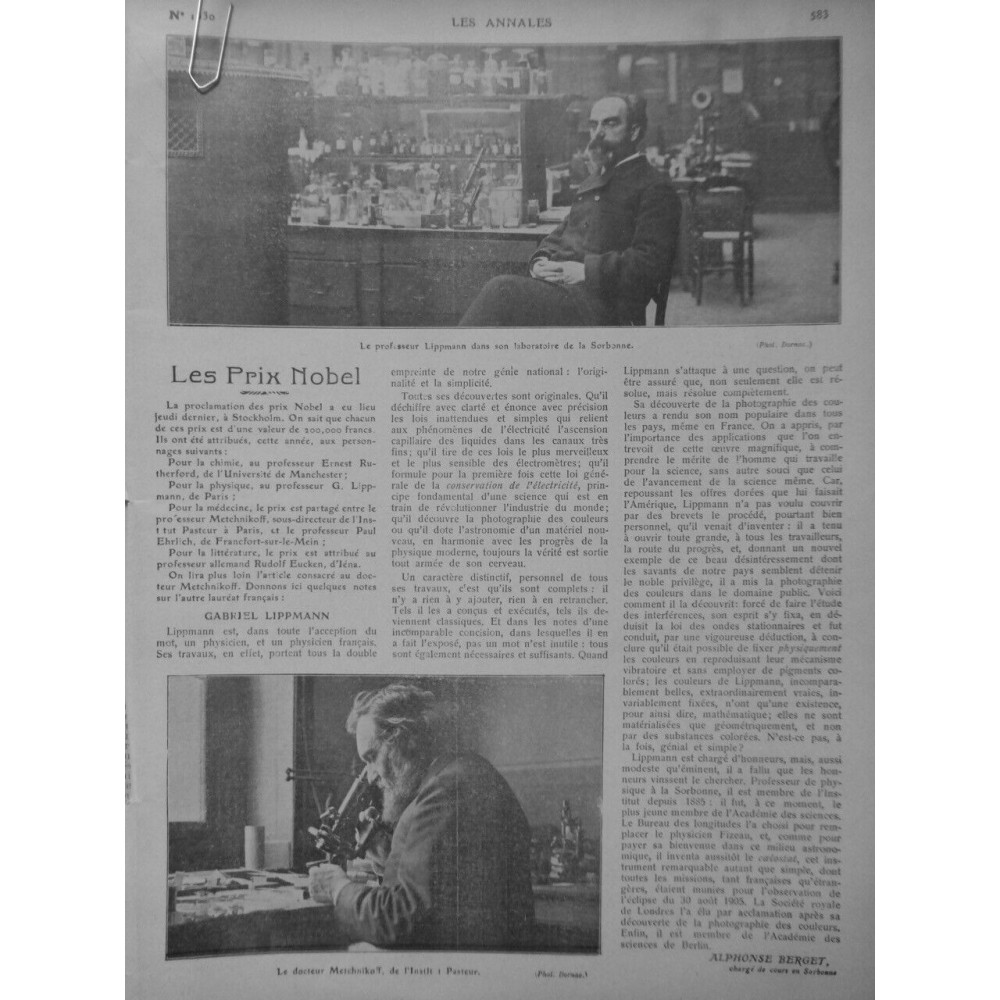 1908 VACCIN VACCINATION PRIX NOBELS DR.METCHNIKOFF PROFESSEUR LIPPMAN SORBONNE