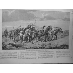 1867 UI ATTELAGE PICARDIE CHEVAUX CHARRETTE CHIEN FOUET TABLEAU BEAVIS