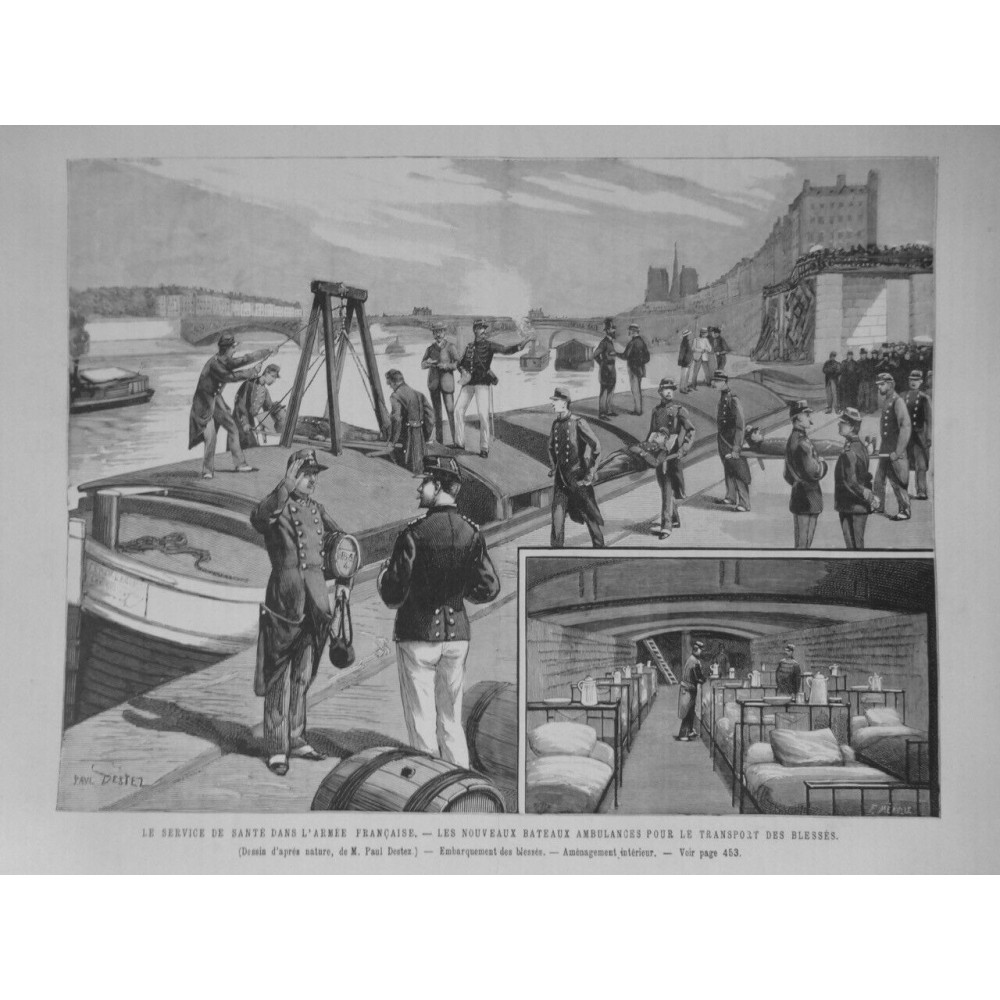 1887 UI AMBULANCES BATEAUX TRANSPORT BLESSES SERVICE SANTE ARMEE FRANCAISE