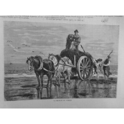 1874 I RECOLTE VARECH CHARETTE CHEVAUX MER FOURCHE