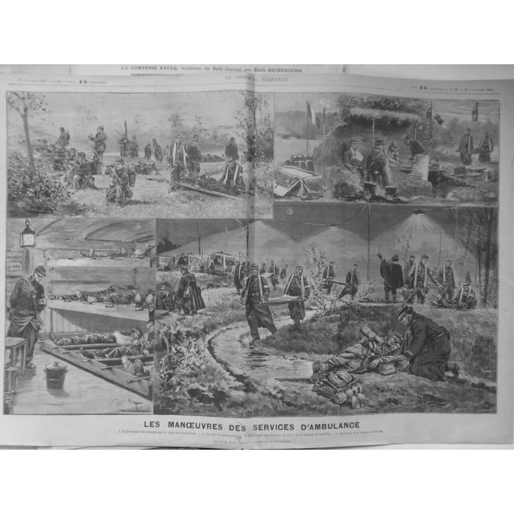 1897 JI MANOEUVRE SERVICES AMBULANCE ENLEVEMENT BLESSES ABRI PENSEMENTS