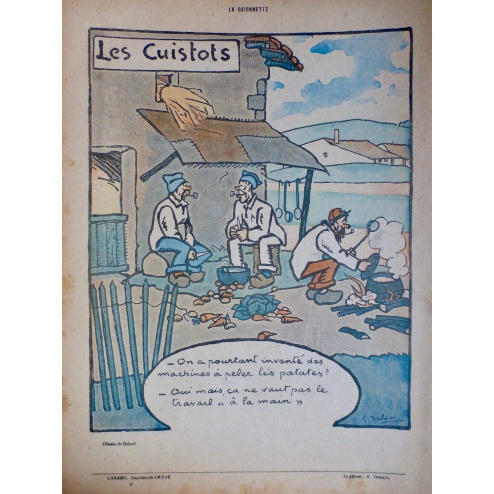 1917 DESSIN DELAW CUISTOTS FEU MARMITE LEGUMES EPLUCHURE PATATE