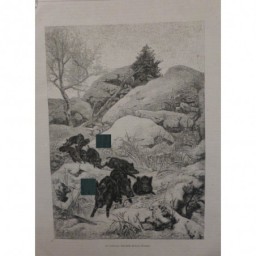 1880 1899 KARL BODMER SANGLIER COURSE NEIGE COCHON SAUVAGE NOURRITURE 2 JOURNAUX