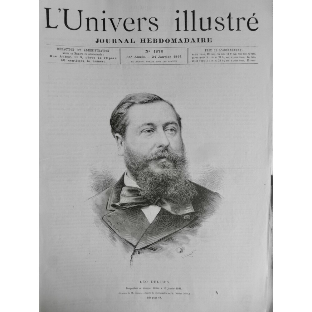 1891 UI PERSONNALITES LEO DELIBES COMPOSITEUR MUSIQUE GRAVURE LEMAIRE