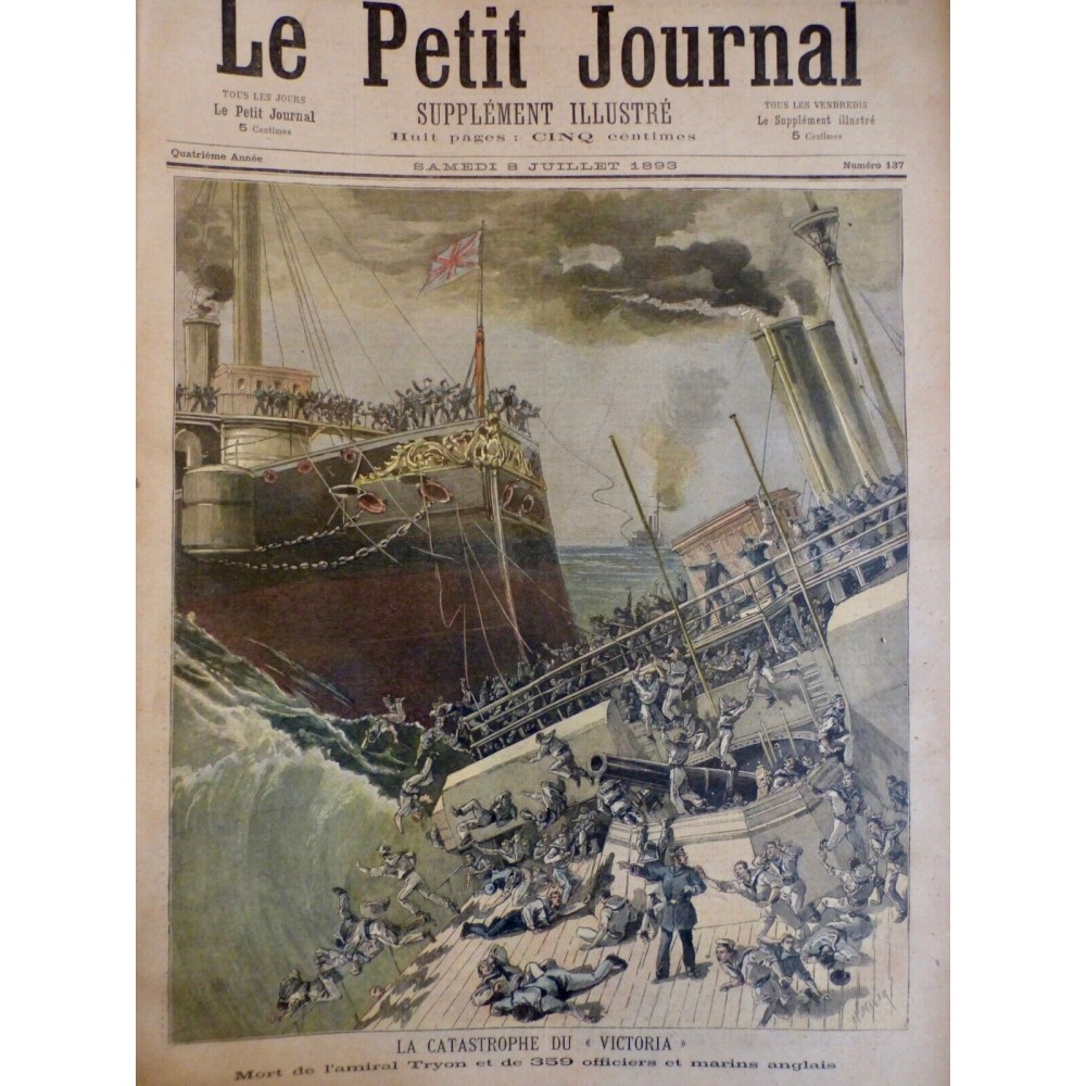 1893 PJ MARINE ANGLAISE CUIRASSE VICTORIA CATASTROPHE COLLISION MORT TRYON MARIN