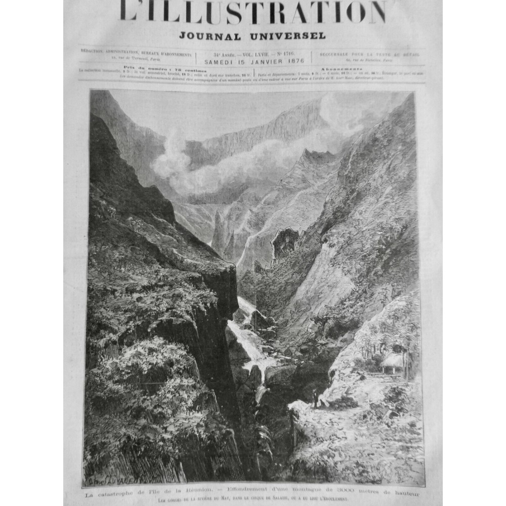 1876 I ILE REUNION EFFONDREMENT MONTAGNE GORGE RIVIERE MAT CIRQUE SALAZIE