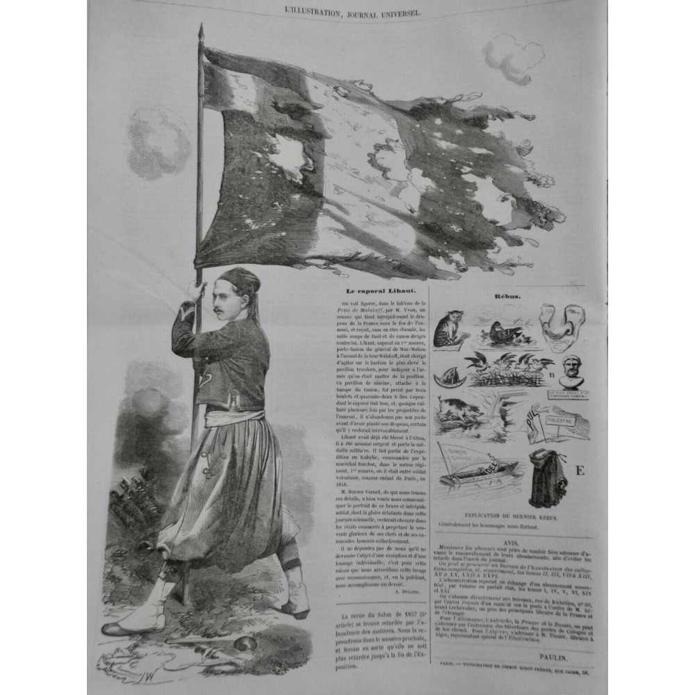 1857 I CAPORAL LIHAUT ZOUAVE PRISE MALAKOFF DRAPEAU FRANCE FEU ENNEMI