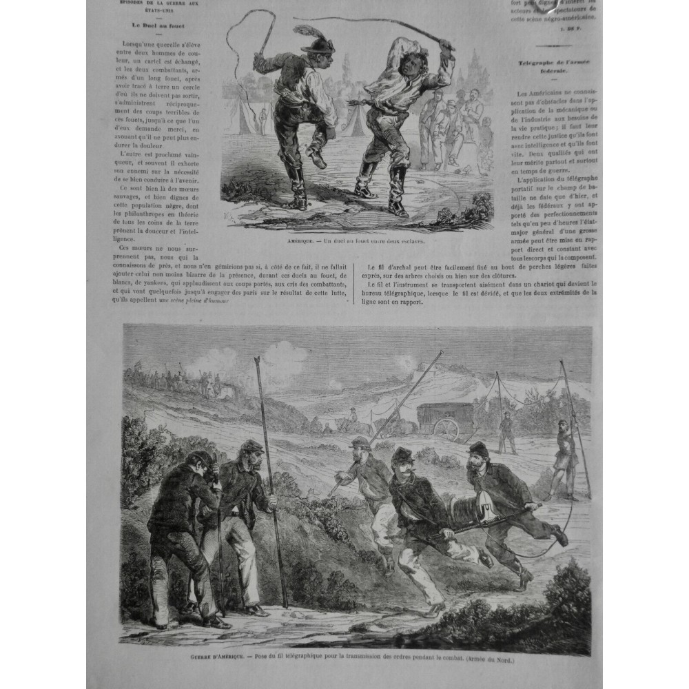 1863 MI GUERRE AMERIQUE DUEL FOUET ESCLAVE TELEGRAPHE TRANSMISSION