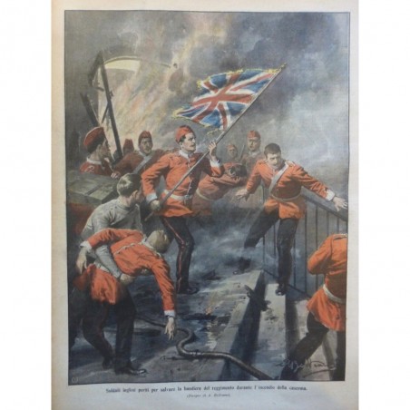 1908 DC SOLDATS BRITANNIQUES SAUVER LE DRAPEAU RÉGIMENT INCENDIE CASERNE