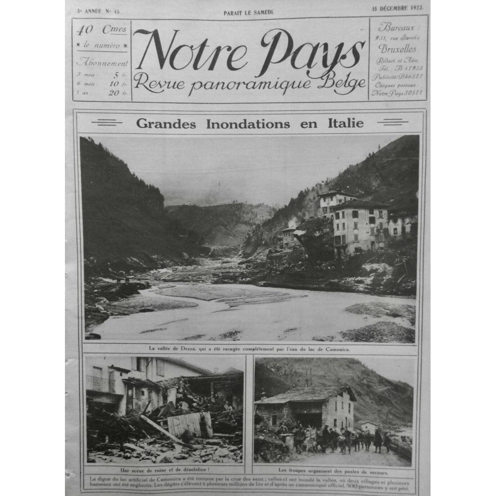 1923 NP ITALIE INONDATION VALLEE DEZZA EAU LAC CAMONICA DIGUE RUINE SECOURS