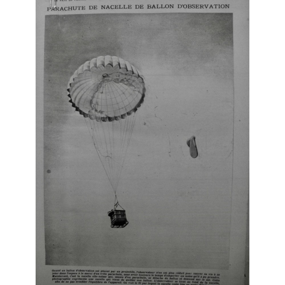 1918 PF PARACHUTE NACELLE DETACHEMENT BALLON OBSERVATEUR DESCENTE