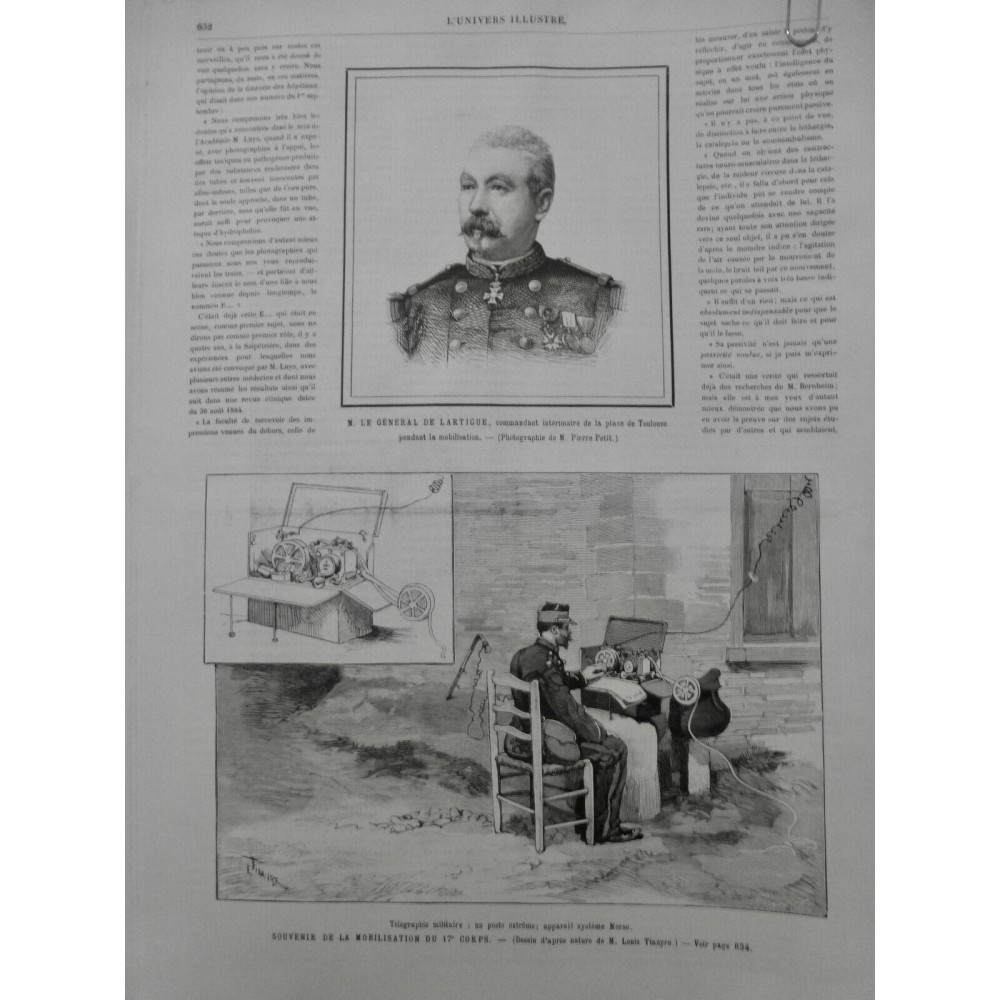 1888 UI TELEGRAPHIE MILITAIRE APPAREIL SYSTEME MORSE FILS SOLDAT LARTIGUE