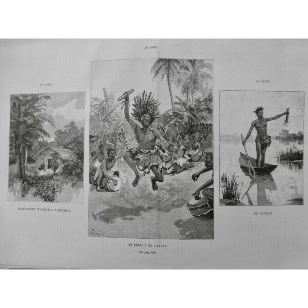 1887 I CONGO LOUKOUNGA HABITATION INDIGENE MEDECIN VILLAGE PECHEUR CHAMAN