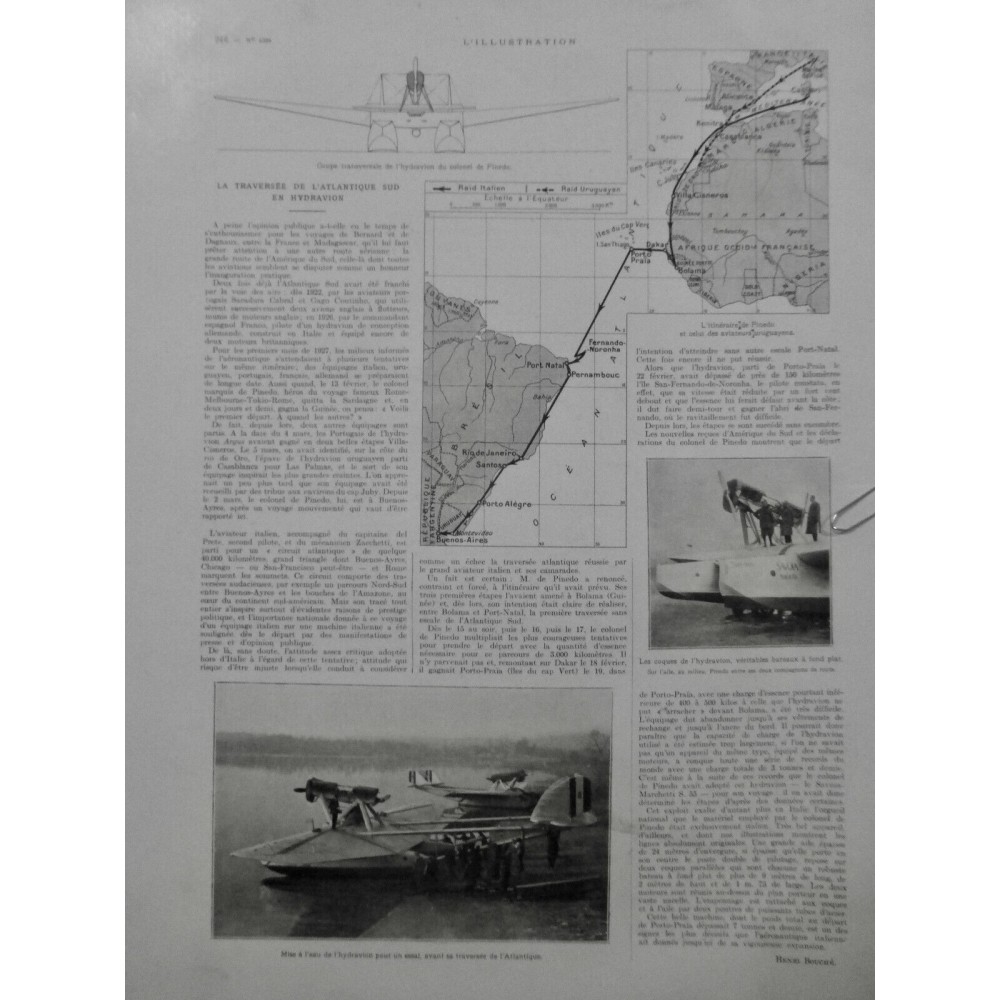 1927 I HYDRAVION TRAVERSEE ATLANTIQUE SUD COUPE TRANSVERSALE PINEDO ITINERAIRE