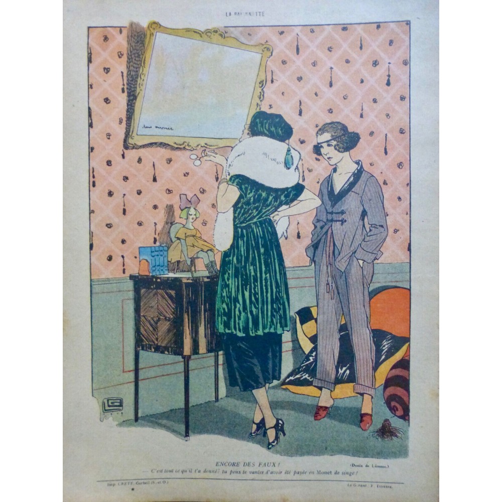 1919 DESSIN LEONNEC MODE FEMININE TOILETTE FOURRURE TABLEAU FAUSSAIRE