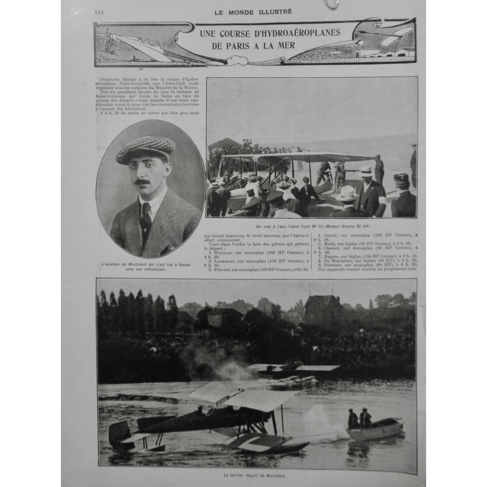 1913 MI HYDRAVION COURSE AEROPLANE PARIS DAUVILLE MISE EAU AERO YACH MOTEUR GNOM