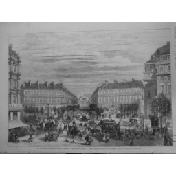 1874 I PARIS PLACE THEATRE FRANCAIS DECORATION AMENAGEMENT FONTAINE AVENUE