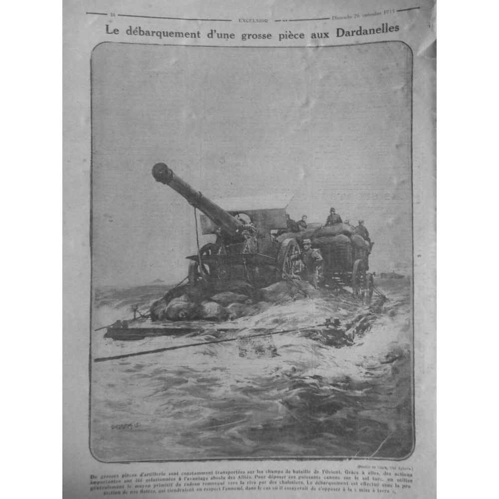 1915 E SEPTEMBRE GUERRE DARDANELLES DEBARQUEMENT PIECE ARTILLERIE LOURDE RADEAU