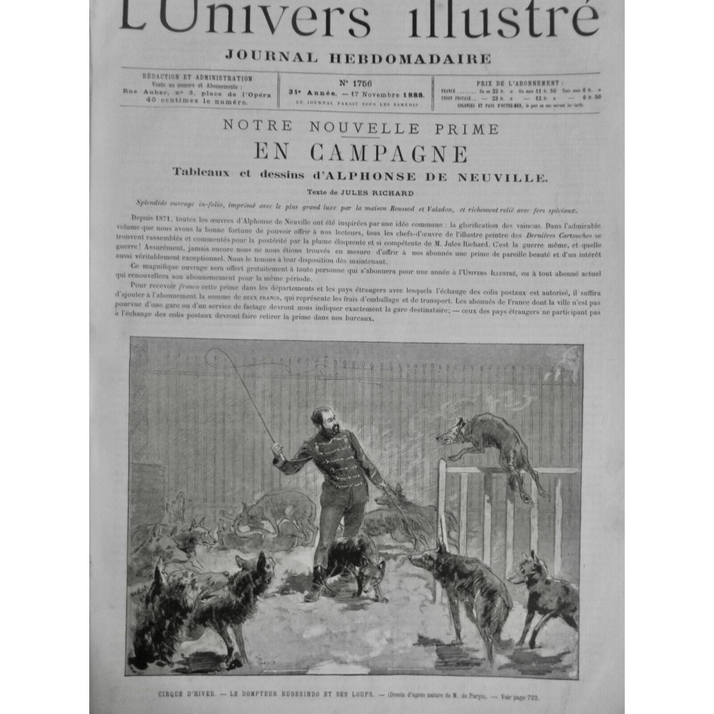 1888 UI CIRQUE D HIVER DOMPTEUR RUDESINDO LOUPS FOUET DRESSAGE