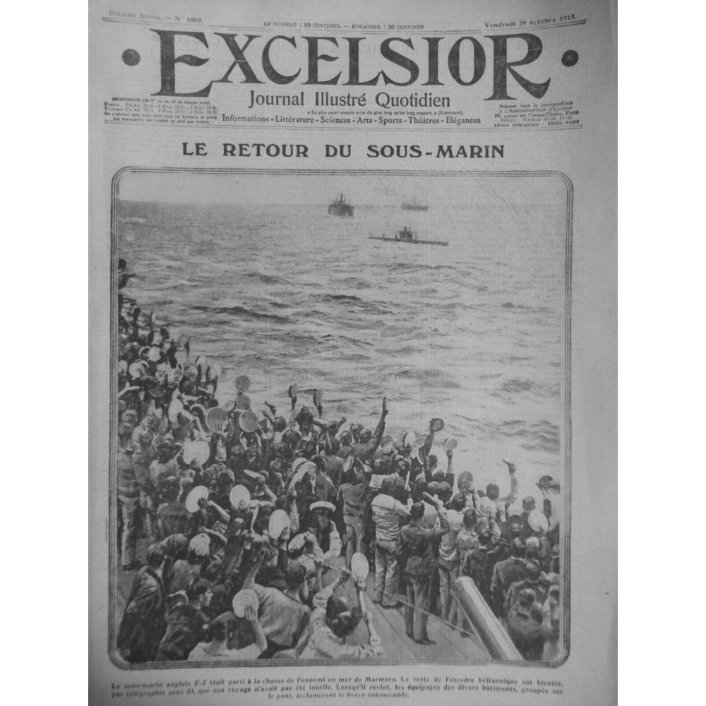 1915 E OCTOBRE GUERRE SOUS MARIN ANGLAIS E2 RETOUR ESCADRE TELEGRAPHIE