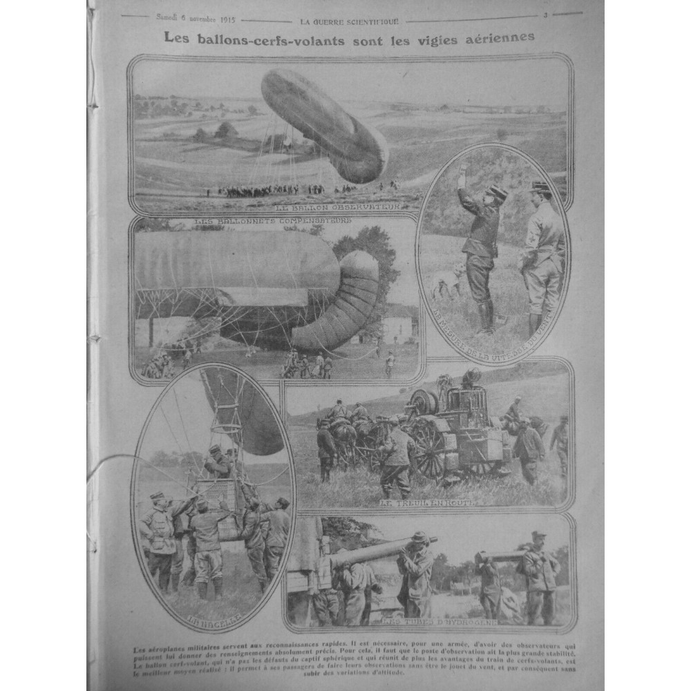 1915 E NOVEMBRE GUERRE BALLONS CERF VOLANTS VIGIES AERIENNES AEROPLANE HYDROGENE