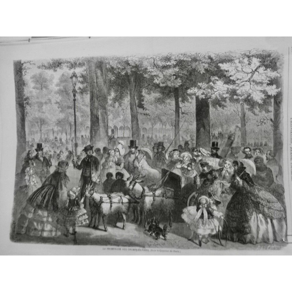 1858 I CHAMPS ELYSEES PROMENADE ENFANT JEU CERCEAU ATTELAGE CHEVRE CHIEN