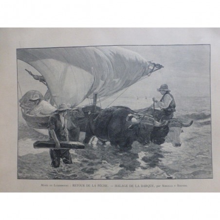 1901 FI PEINTURE RETOUR PECHE HALAGE BARQUE TABLEAU SOROLLA BASTIDA