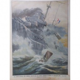 1913 DC NAVIRE GUERRE CUIRASSE JEAN BART TEMPETE MER CHALOUPE SAUVETAGE