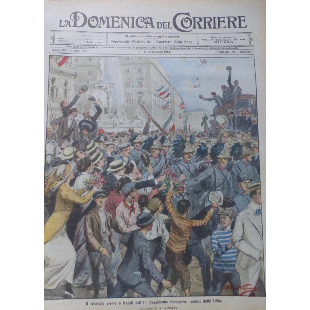 1913 DC GUERRE NAPOLI REGIMENT BERSAGLIERI LIBYE ARRIVEE FOULE