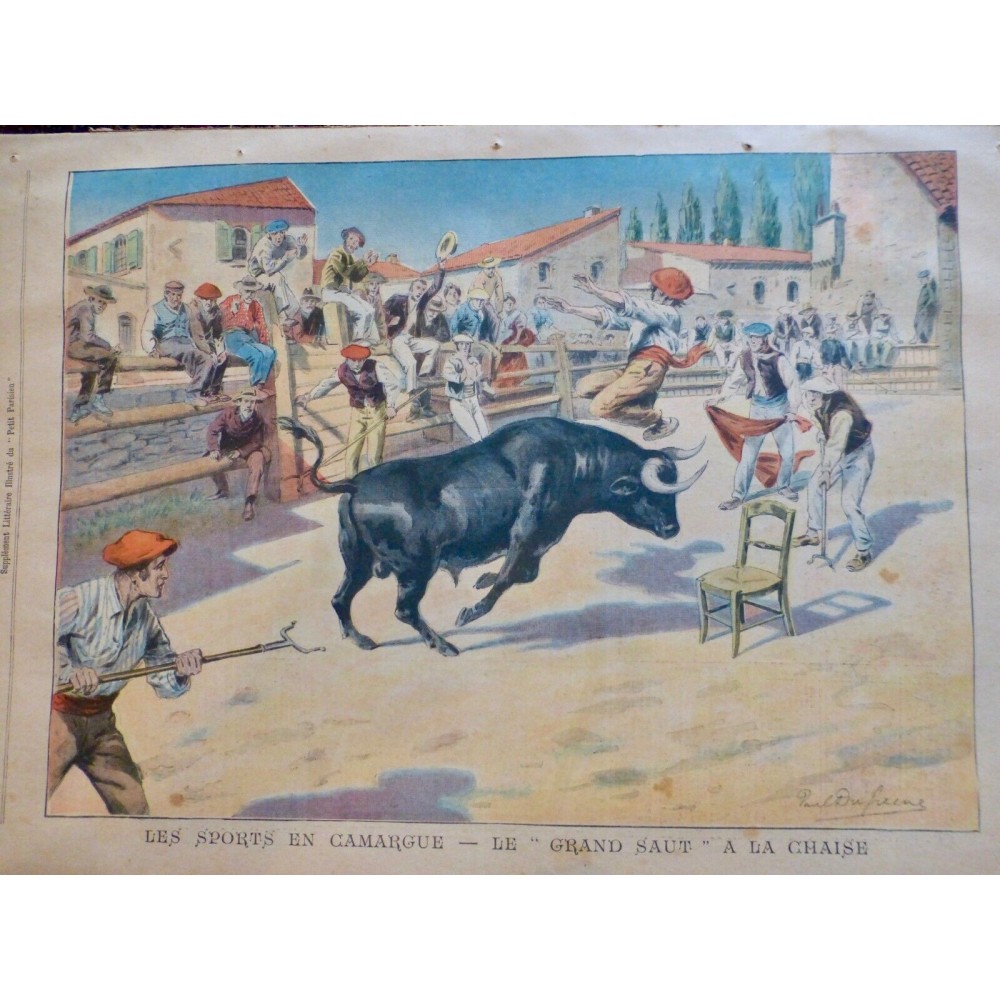 1907 PP CORRIDA CAMARGUE ARENE TAUREAU TOREADOR CHAISE SAUT