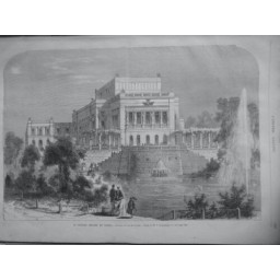 1868 UI NOUVEAU THEATRE LEIPZIG VUE PRISE LAC SIGNES DESSIN M.V. STRASZBERGER