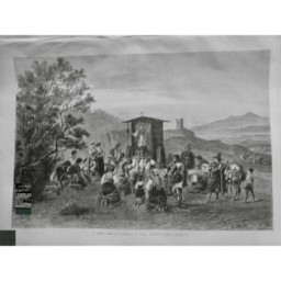 1867 UI ROME CAMPAGNE MESSE AMBULANTE CURÉ CHARIOT CABANE VEPRE PRIERE GENOUX