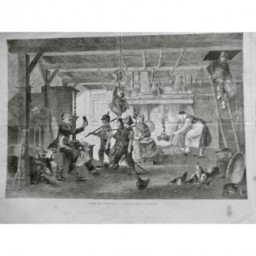 1867 UI FOYER FAMILLE FEU ANIMAUX GRENIER FOIN ECHELLE ENFANT JEU JAMBON BOUDIN