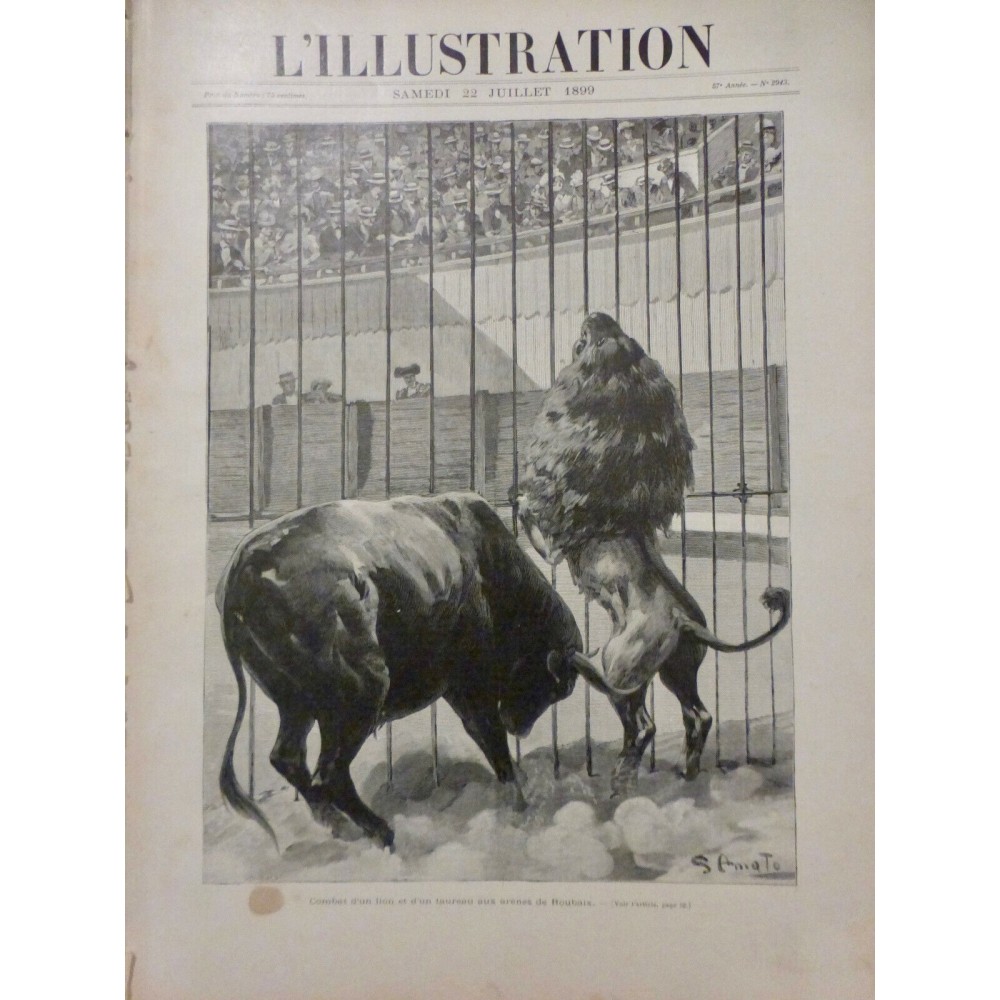 1899 I TAUREAU CONTRE LION TIGRE ELEPHANT ARENE ROUBAIX COMBAT LION TAUREAU CORN