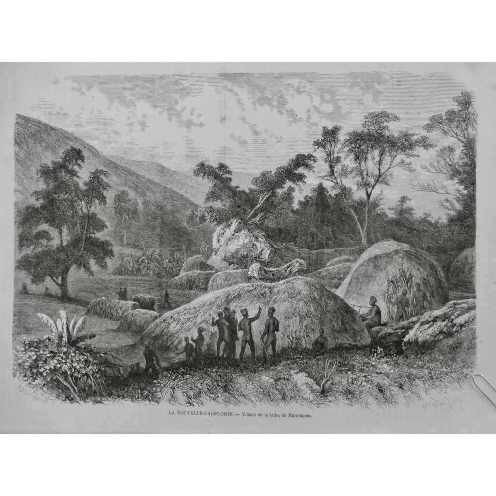 1872 I NOUVELLE CALEDONIE VILLAGE TRIBU MANONGOES HUTTE PAILLE INDIGENE NU