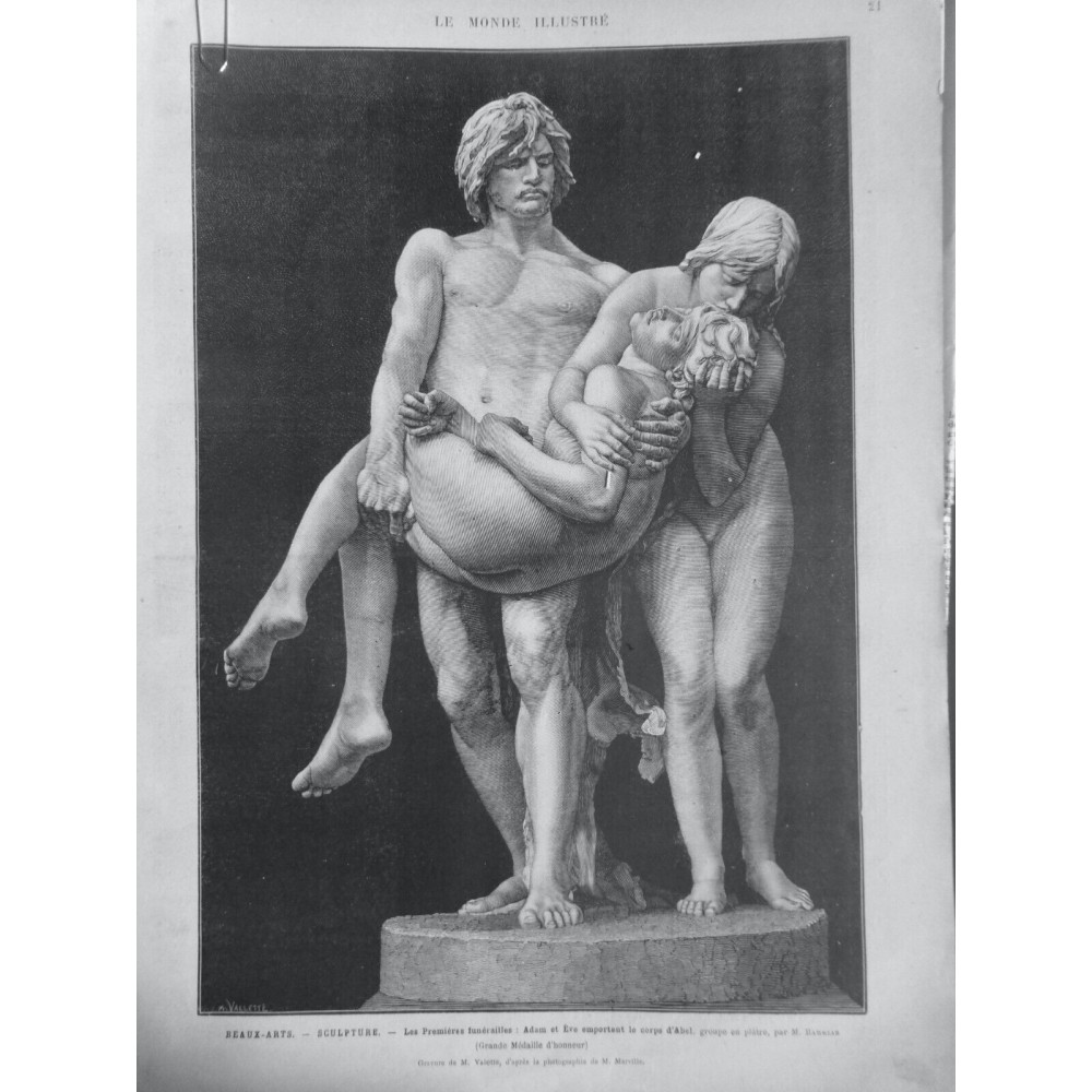 1879 MI SCULPTURE ADAM EVE EMPORTANT CORPS D'ABEL GROUPE PLATRE M. BARRIAS