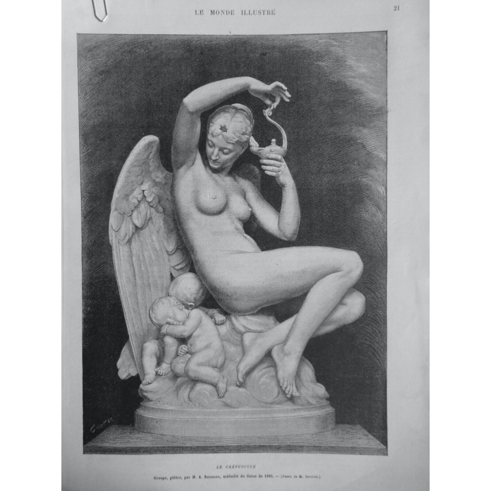 1880 MI SCULPTURE CREPUSCULE GROUPE PLATRE OEUVRE A. BOISSEAU DESSIN M.DUVIVIER