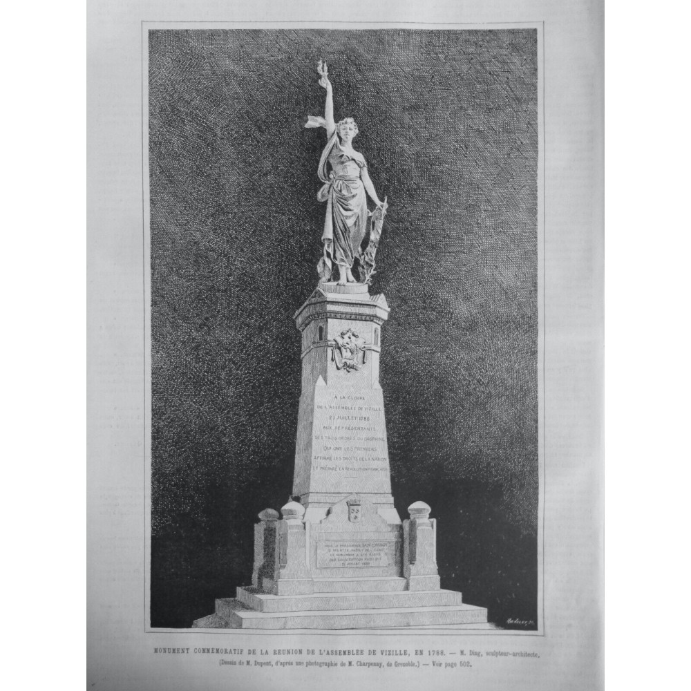 1888 UI SCULPTURE MONUMENT COMMEMORATIF REUNION ASSEMBLEE VIZILLE OEUVRE M. DING