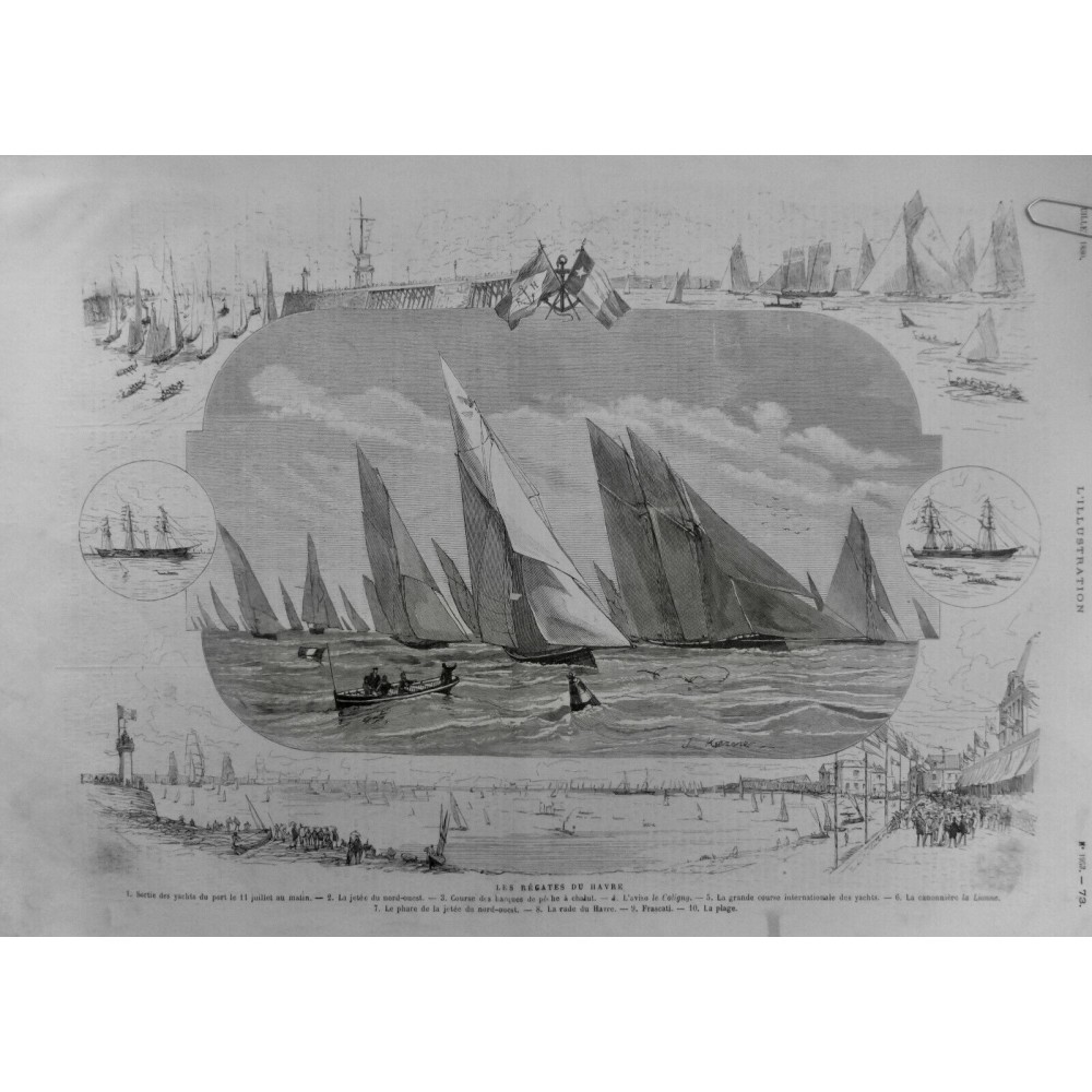 1880 I HAVRE REGATE SORTIE YACHTS COURSE CANONNIERE BARQUE PECHE PHARE RADE