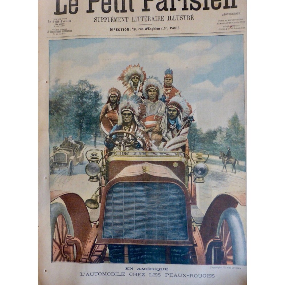 1905 PP AMERIQUE INDIEN PEAUX ROUGES AUTOMOBILE COIFFE PLUMES CONDUCTEUR