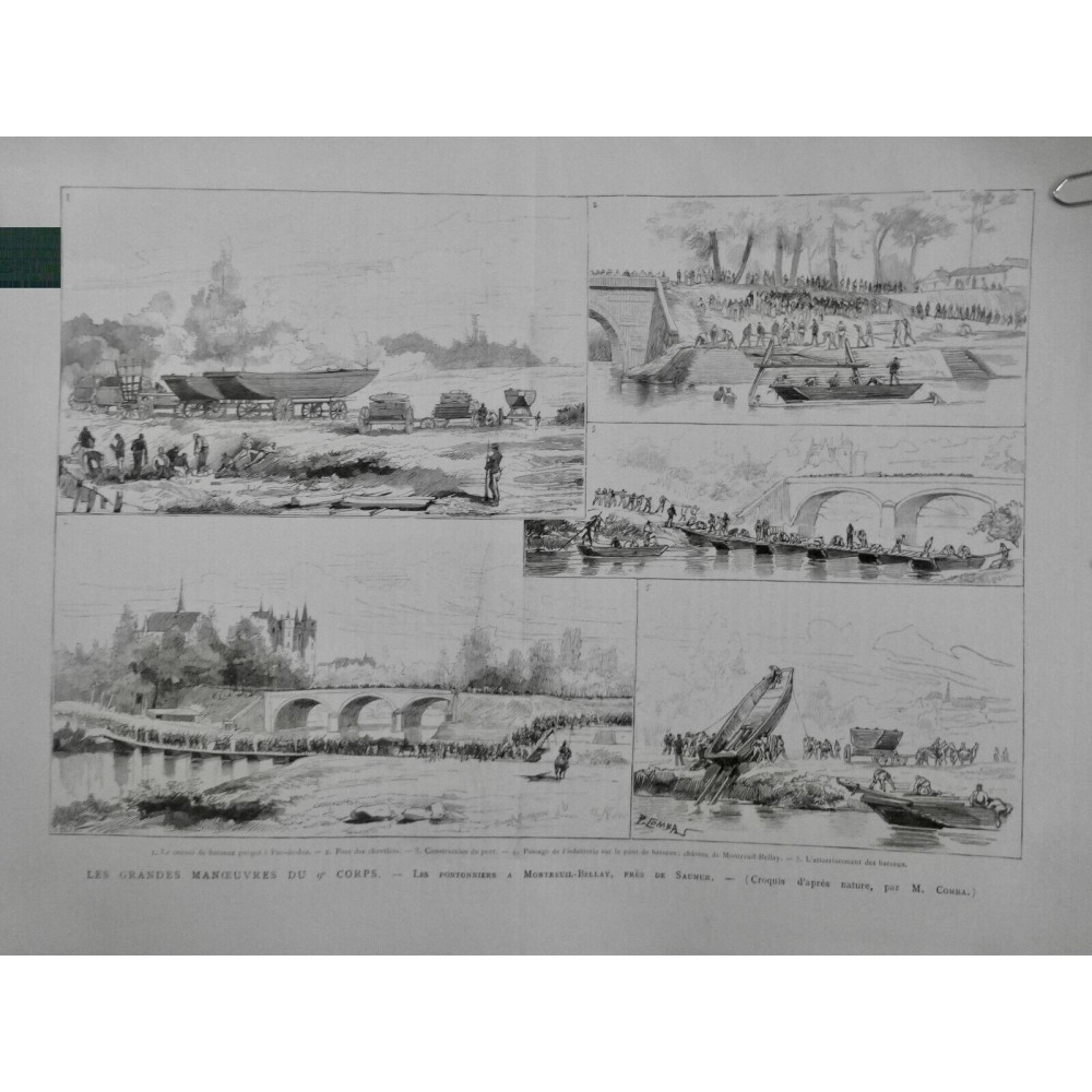 1887 MI ARMEE MANOEUVRE PONTONNIER MONTREUIL BILLAY CONSTRUCTION PONT