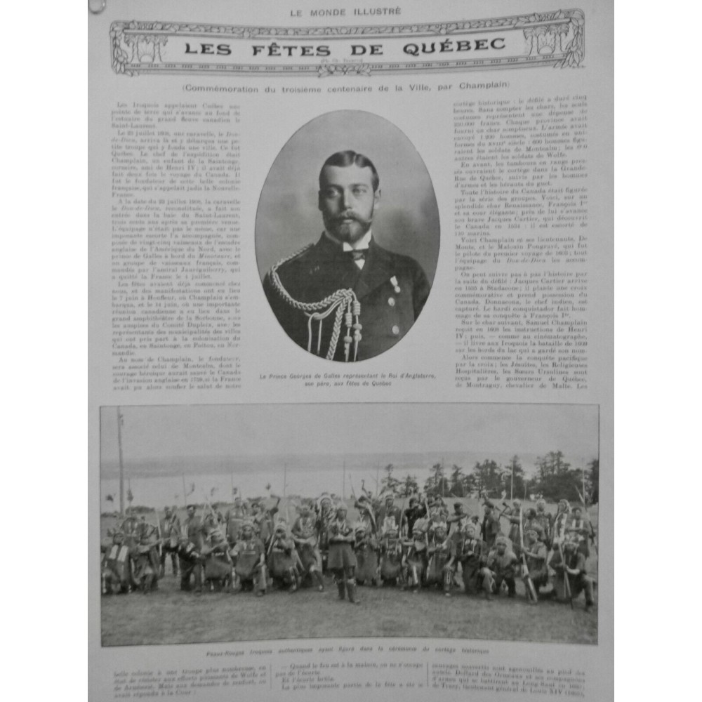 1908 QUEBEC FETE CHAMPLAIN PRINCE DE GALLES INDIEN DANSE FRANCOIS 1ER 2 JOURNAUX