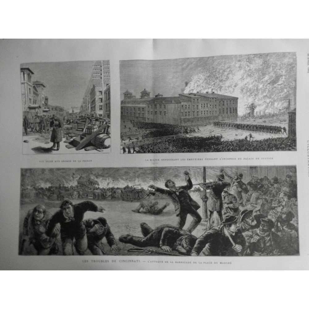 1884 I CINCINNATI ATTAQUE BARRICADE MILICE EMEUTIER INCENDIE PALAIS JUSTICE