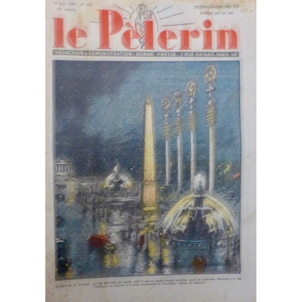 1937 LP PARIS PLACE CONCORDE LUMIERE OBELISQUE FONTAINE DESSIN CIGNOUX